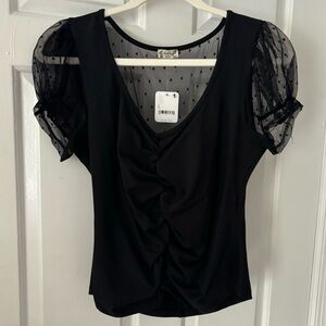 Free people mesh ruched polka dot puff sleeve top